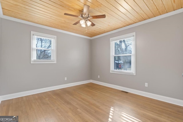 empty room featuring crown molding, hardwood / wood-style floors, wooden ceiling, and ceiling fan