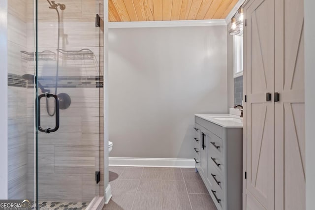 bathroom featuring crown molding, vanity, a shower with shower door, wooden ceiling, and toilet