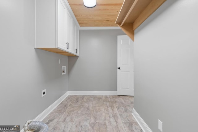 laundry room with washer hookup, wooden ceiling, cabinets, and hookup for an electric dryer