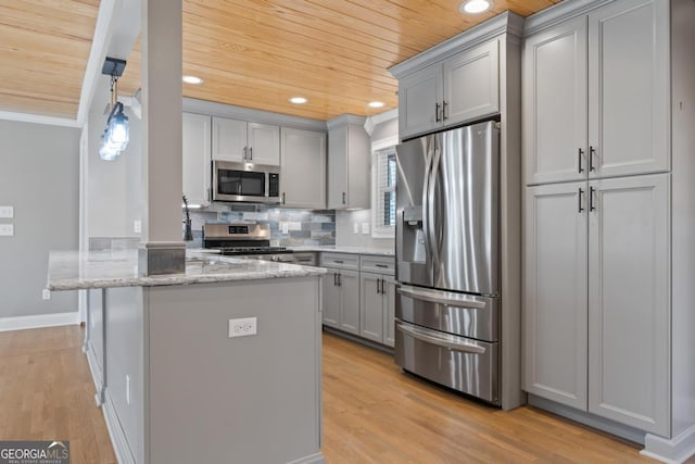 kitchen with gray cabinetry, light stone counters, wooden ceiling, and appliances with stainless steel finishes