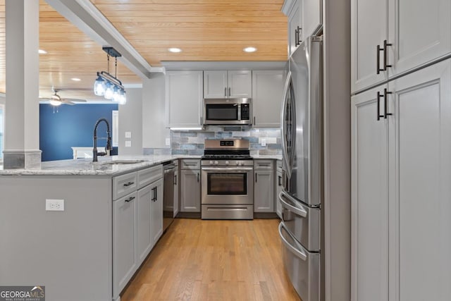 kitchen featuring pendant lighting, wood ceiling, gray cabinetry, stainless steel appliances, and kitchen peninsula