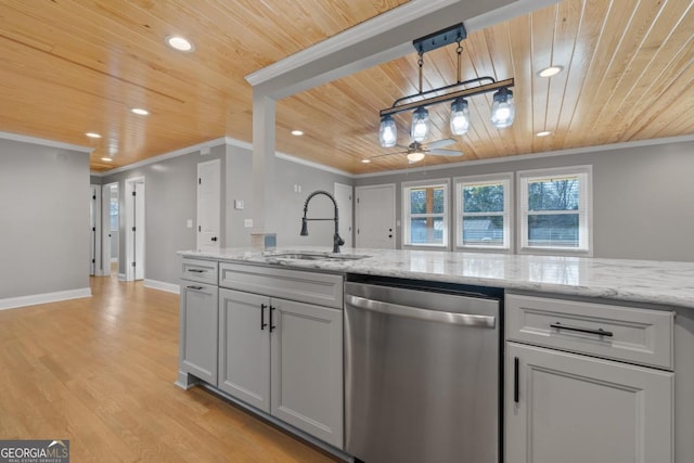 kitchen with sink, crown molding, wooden ceiling, stainless steel dishwasher, and light stone countertops