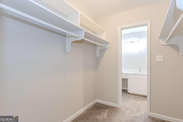 walk in closet featuring light colored carpet and sink