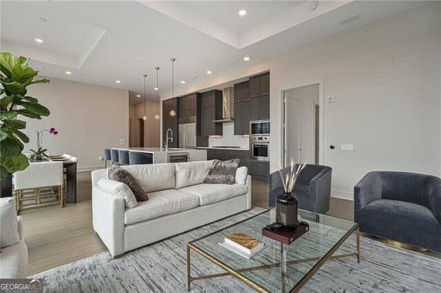 living room with sink, a tray ceiling, and light hardwood / wood-style floors