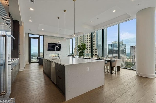 kitchen with a large island, sink, a raised ceiling, and expansive windows