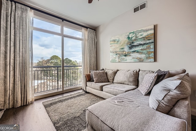 living room featuring ceiling fan