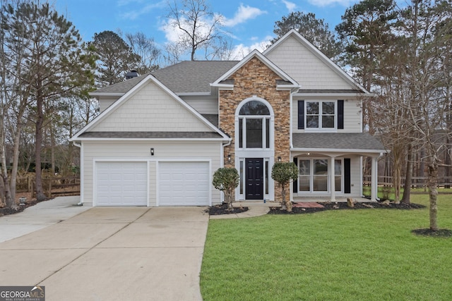 view of front of property with a garage and a front yard