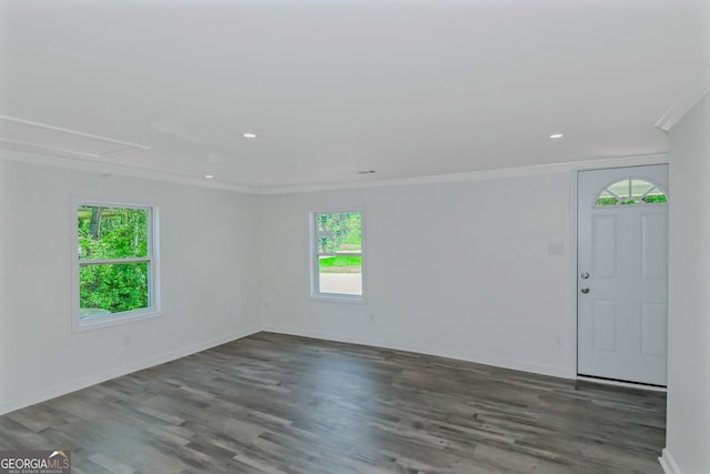 spare room with crown molding and dark wood-type flooring