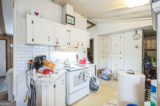 kitchen with white cabinetry, vaulted ceiling with beams, backsplash, and white electric range oven