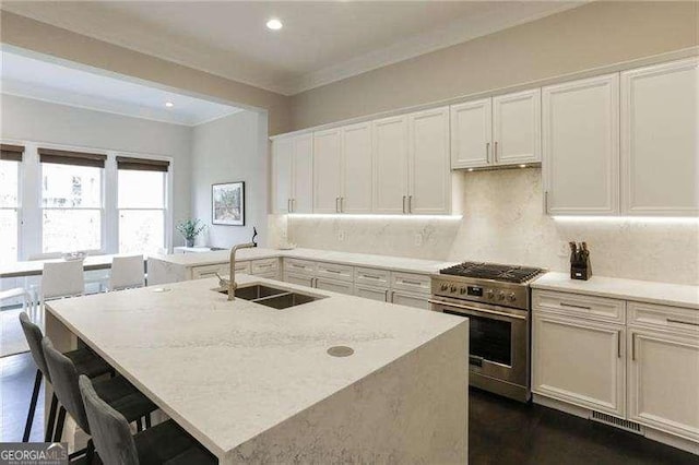 kitchen with sink, light stone counters, stainless steel range, a kitchen island with sink, and white cabinets