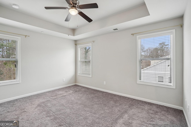 spare room with carpet, ceiling fan, and a tray ceiling