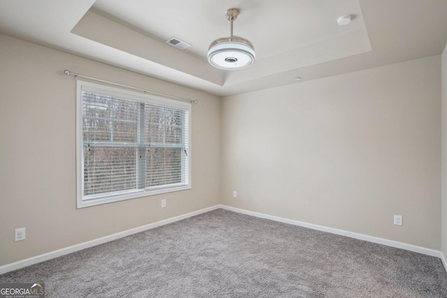 carpeted empty room with a raised ceiling