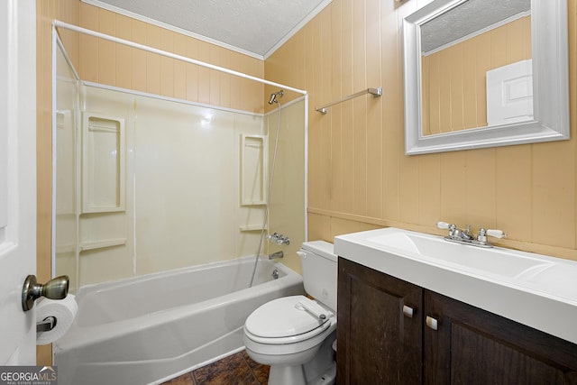 full bathroom featuring vanity, toilet, shower / bathtub combination, and a textured ceiling