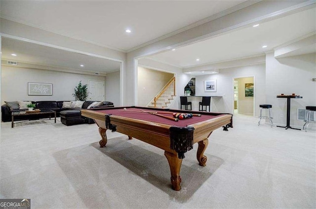 game room with ornamental molding, light carpet, and billiards