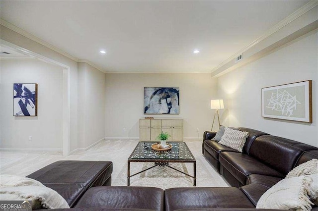 carpeted living room with crown molding