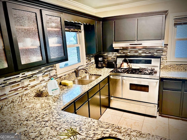 kitchen featuring double oven range, decorative backsplash, ornamental molding, and sink