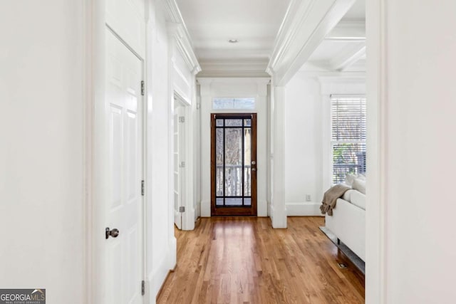 foyer featuring ornamental molding and light hardwood / wood-style flooring