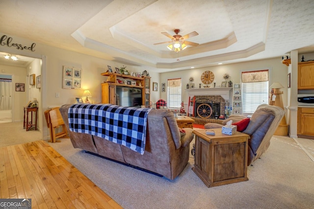 living room with ornamental molding and a tray ceiling