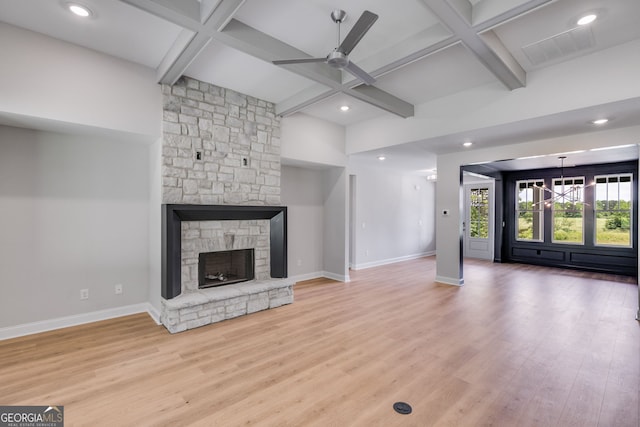 662 Lake Circle Rd, Buchanan, GA 30113 - unfurnished living room featuring a ceiling fan, baseboards, coffered ceiling, wood finished floors, and beam ceiling