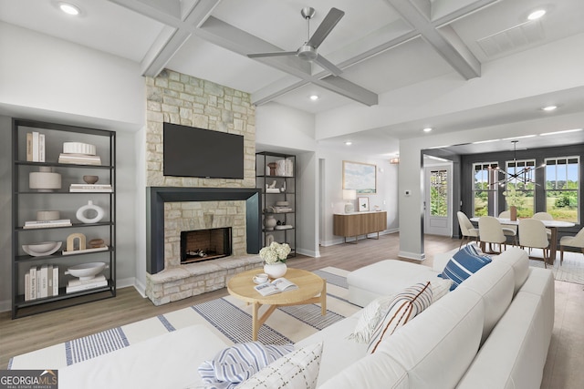 662 Lake Circle Rd, Buchanan, GA 30113 - living room featuring ceiling fan, wood finished floors, baseboards, beam ceiling, and coffered ceiling