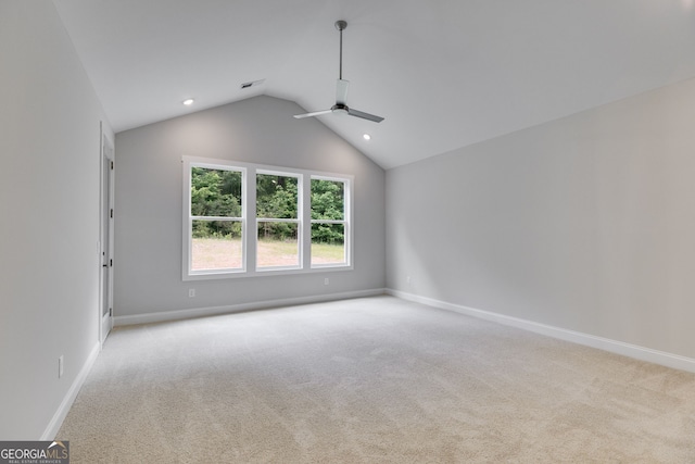662 Lake Circle Rd, Buchanan, GA 30113 - empty room featuring a ceiling fan, lofted ceiling, light carpet, recessed lighting, and baseboards