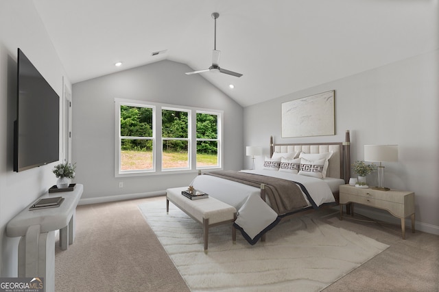 662 Lake Circle Rd, Buchanan, GA 30113 - bedroom with carpet, vaulted ceiling, recessed lighting, baseboards, and ceiling fan