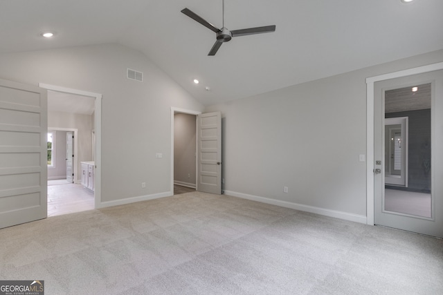 662 Lake Circle Rd, Buchanan, GA 30113 - unfurnished bedroom featuring lofted ceiling, light carpet, recessed lighting, connected bathroom, and baseboards