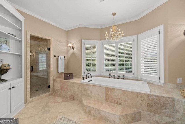 bathroom with ornamental molding, shower with separate bathtub, and a chandelier