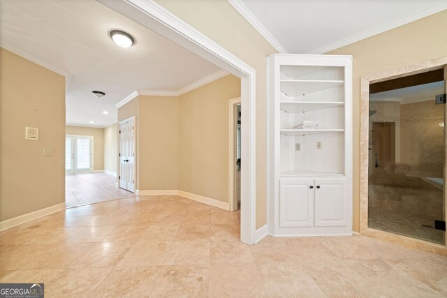 bedroom featuring an inviting chandelier, crown molding, expansive windows, and light wood-type flooring