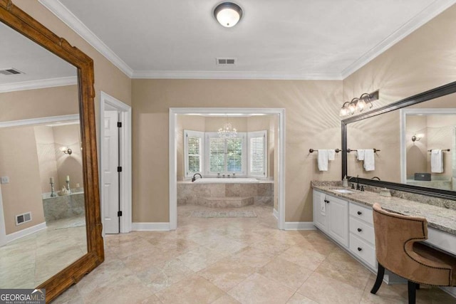 bathroom featuring a relaxing tiled tub, vanity, ornamental molding, and an inviting chandelier