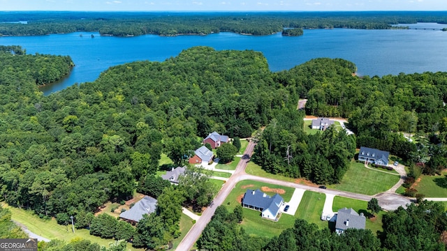 bird's eye view featuring a water view and a forest view