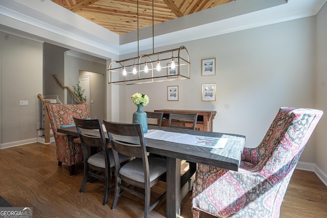 dining room featuring a tray ceiling, dark wood-type flooring, wooden ceiling, and baseboards