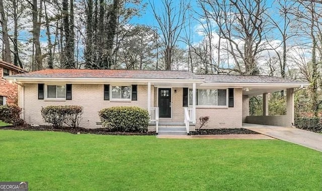 ranch-style house with a carport and a front yard