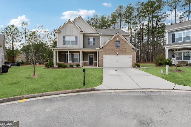 craftsman inspired home with a porch, a garage, and a front lawn