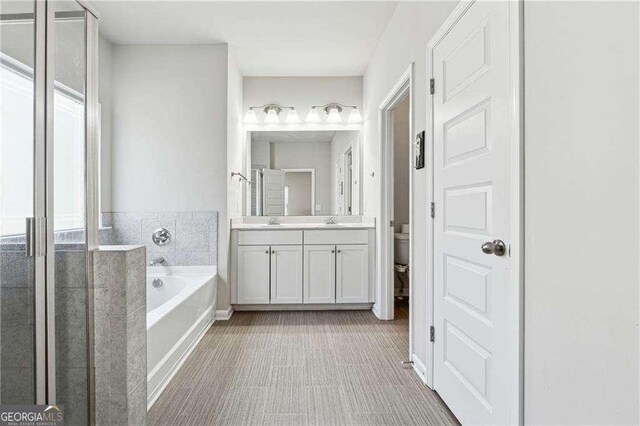 bathroom with vanity, toilet, and a bathing tub