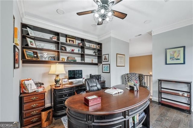 9135 Etching Overlook, Johns Creek, GA 30097 - office space featuring a ceiling fan, wood finished floors, and crown molding