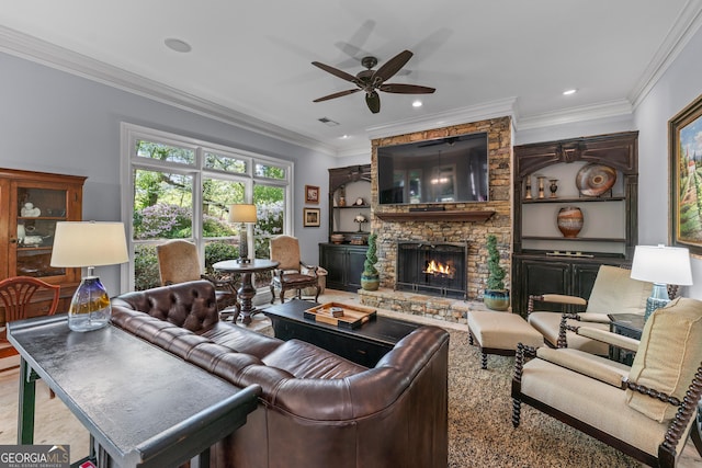 9135 Etching Overlook, Johns Creek, GA 30097 - living area featuring ceiling fan, ornamental molding, a stone fireplace, and recessed lighting