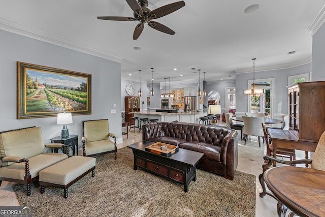 9135 Etching Overlook, Johns Creek, GA 30097 - living area with a chandelier, ceiling fan, crown molding, and recessed lighting