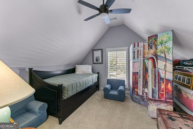 9135 Etching Overlook, Johns Creek, GA 30097 - bedroom with carpet, lofted ceiling, and a ceiling fan