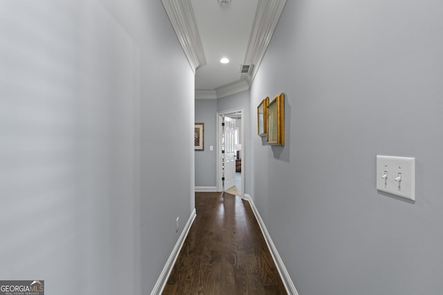 9135 Etching Overlook, Johns Creek, GA 30097 - hall featuring crown molding, dark wood-style flooring, and recessed lighting