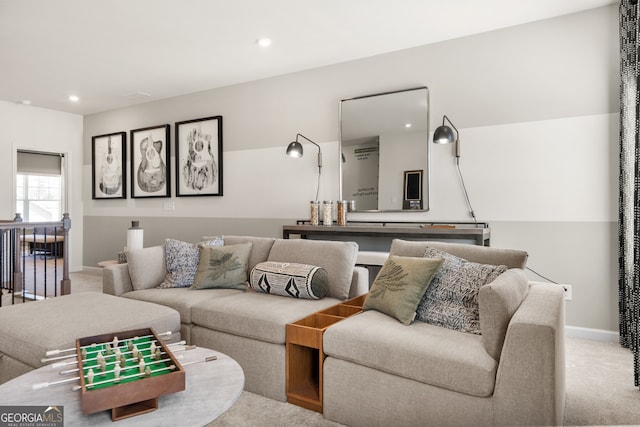 living room with light colored carpet