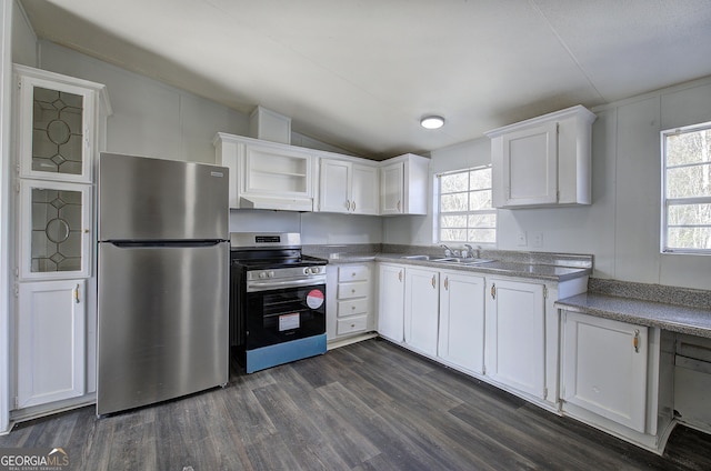 kitchen with vaulted ceiling, a wealth of natural light, white cabinetry, stainless steel appliances, and dark wood-type flooring