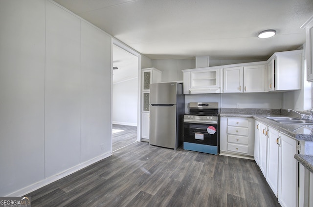 kitchen with white cabinetry, sink, dark hardwood / wood-style floors, and appliances with stainless steel finishes