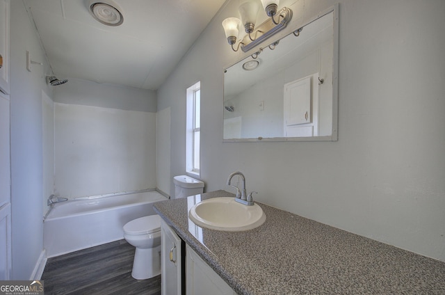 full bathroom featuring shower / bath combination, vanity, wood-type flooring, and toilet