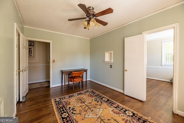 interior space featuring crown molding, ceiling fan, and dark hardwood / wood-style flooring