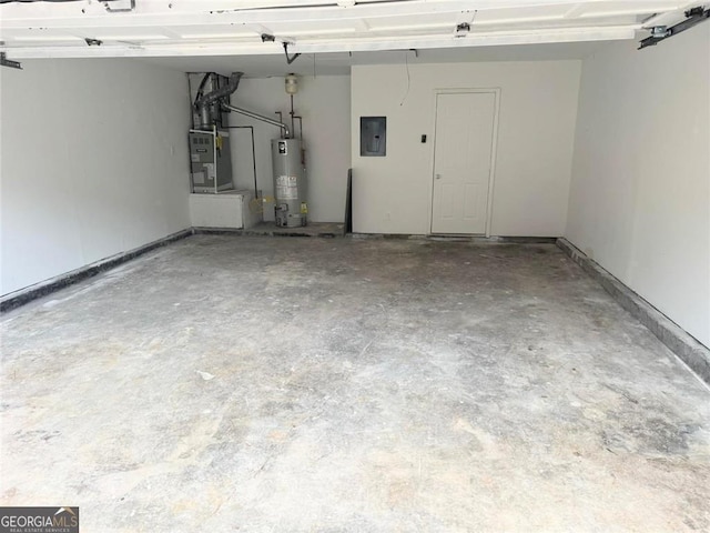 garage with electric panel, heating unit, and gas water heater