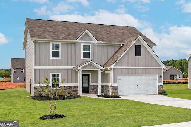 craftsman inspired home with a garage and a front lawn