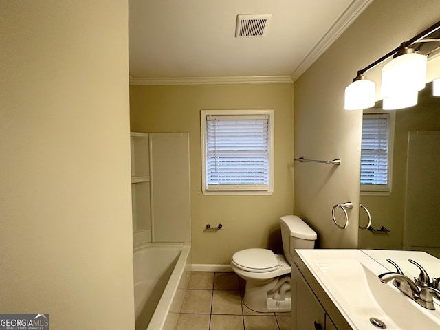 bathroom featuring vanity, crown molding, tile patterned floors, and toilet