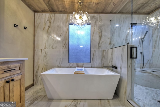 bathroom with independent shower and bath, tile walls, vanity, a notable chandelier, and wood ceiling