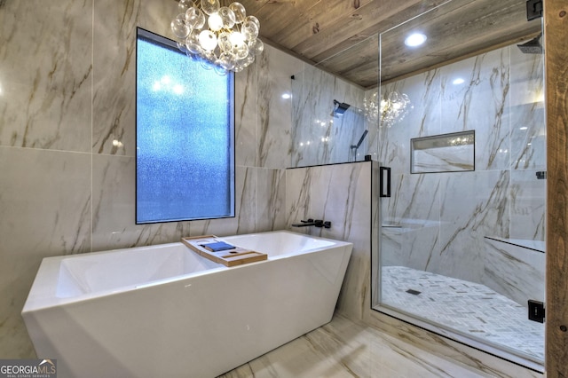 bathroom with wood ceiling, plus walk in shower, tile walls, and a notable chandelier